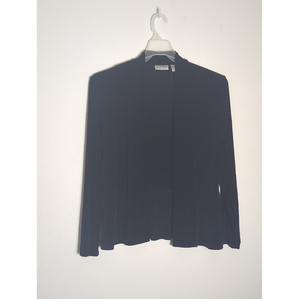 Chicos Travelers Womens Cardigan Black Open Front Slinky Knit Chic Size 1 Medium